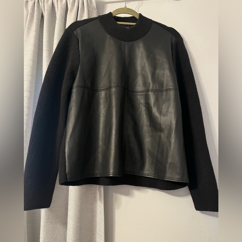 Ann Taylor Black Faux Leather Mixed Media Sweater in Size Medium Petite